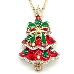 Red Christmas TREE with Green Ribbon Bow Pendant Necklace